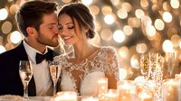 Romantic newlyweds sharing intimate moment at wedding reception with champagne and glowing bokeh lights, bride in lace dress and groom in tuxedo bow tie.