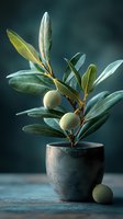 Young olive tree branch with green fruits in dark ceramic pot against moody teal background, dramatic lighting highlights glossy leaves and unripe olives.