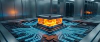 Futuristic quantum processor with glowing orange core surrounded by blue circuit patterns in modern data center server room for technology concepts.