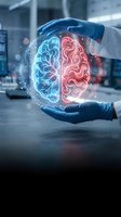 Doctor in blue medical gloves holding glowing neon brain hologram with blue left hemisphere and red right hemisphere in modern laboratory setting for healthcare and neuroscience concepts.