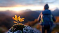 Small plant growing from moss-covered rock with hiker silhouette against mountain sunset backdrop. Concept of growth, perseverance and outdoor adventure.