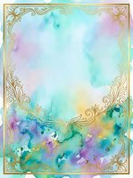 Watercolor gradient background with soft pastel colors blending from turquoise to pink and yellow, framed by ornate gold decorative border. Suitable for invitations, cards, and design projects.
