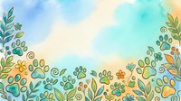 Watercolor paw prints and botanical elements border isolated on white background, ready for pet-related designs, greeting cards, and animal-themed projects.