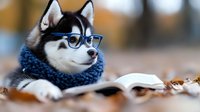 Intelligent Siberian husky dog wearing blue glasses and knitted scarf reading open book, concept of smart pet education and learning.