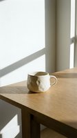White ceramic mug with organic sculptural form on wooden table by window with natural light, suitable for home decor and lifestyle content.