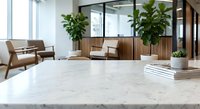 Modern office interior with marble desk, wooden furniture and green plants creating professional workspace atmosphere.