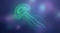 Glowing green jellyfish with flowing tentacles floating in deep blue ocean water with ethereal light effects for marine biology and underwater themes.