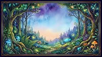 Enchanted forest landscape with twisted trees framing a magical woodland valley, distant mountains, and glowing sunset sky. Fantasy art for posters and digital design.