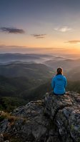 Woman with long reddish-brown hair wearing bright blue jacket sits on rocky cliff overlooking misty forested mountain valley at golden hour sunrise or sunset.