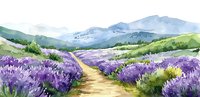 Watercolor landscape with lavender fields and winding path leading to distant mountains, creating serene countryside scenery for nature-inspired home decor.