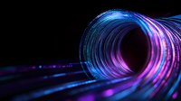 Glowing spiral light trails in blue and purple neon colors against black background create futuristic technology tunnel effect for digital communications concept.