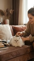 Woman grooming white fluffy cat with brush on couch in warm home interior with natural light and cushions, pet care and bonding.