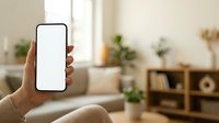 Man holding smartphone with blank white screen in modern living room with plants and natural light, mockup for app display.