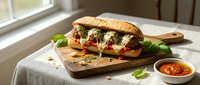 Grilled chicken sandwich with melted cheese, fresh vegetables and sauce on wooden board near window, ready for lunch or dinner meal preparation.