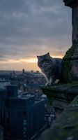 Fluffy gray cat sitting on ancient stone ledge overlooking city at sunset with dramatic cloudy sky and urban skyline in background for pet photography.