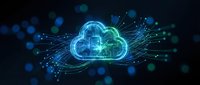 Digital cloud computing network with glowing blue and green neon lights connected by data streams on dark background for technology presentations.