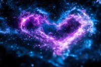 Cosmic heart-shaped nebula glowing in vibrant pink and blue hues against dark space background with sparkling stars, creating romantic celestial atmosphere.