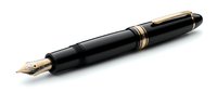 Elegant black fountain pen with gold accents and nib, isolated on white background, suitable for business, writing, stationery, and office design projects.