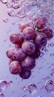 Fresh purple grapes submerged in water with rising bubbles against lavender background, creating refreshing splash effect for food advertising.