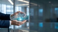 Businessman hands holding holographic digital brain with data analytics in modern office environment for artificial intelligence technology concepts.