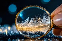Delicate white feather viewed through vintage magnifying glass with bokeh lights creating dreamy atmosphere. Close up macro photography on dark background.