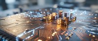 Futuristic circuit board with glowing golden processors and light connections showcasing advanced technology and digital innovation for tech presentations.