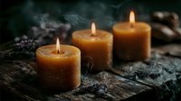 Glowing beeswax candles with lavender on rustic wooden surface create atmospheric mood for meditation, spa treatments, or home decor.