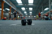 Black dumbbell on gym floor with blurred fitness enthusiasts exercising in background, low angle perspective creates dramatic sports atmosphere.