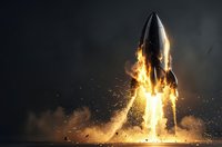 Powerful rocket launch with dramatic flames and smoke against dark sky creating spectacular space exploration scene for technology and science projects.