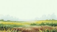 Watercolor landscape painting featuring golden meadow with wild grass and distant hills under soft cloudy sky for nature art and home decor projects.