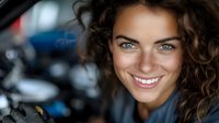 Young Mediterranean woman with curly brown hair and bright smile against blurred motorcycle background, radiating confidence and joy in casual outdoor setting.