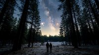 Two figures stand in a snowy forest clearing gazing at a starry night sky with milky way visible above towering evergreen trees at dusk.