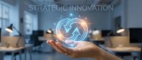 Business professional holding glowing digital innovation symbol in modern office workspace representing strategic technology advancement and corporate growth.