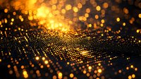 Abstract golden particle wave with glowing bokeh lights creating dynamic digital landscape for technology and data visualization backgrounds.