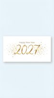 Happy New Year 2027 greeting card with elegant gold numerals and scattered sparkles on white background. Festive celebration design.