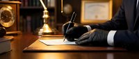 Professional businessman in dark suit signing legal document at wooden desk with vintage brass scale and clock in law office background.
