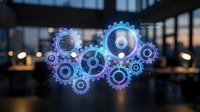 Glowing blue and purple mechanical gears floating in modern office space with bokeh lights creating futuristic technology and automation concept.