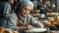 Senior woman with gray hair in traditional attire preparing dough in rustic kitchen setting with fresh baked goods and warm lighting, conveying artisanal baking heritage.