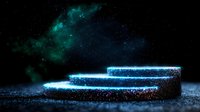 Glowing neon blue podium steps with sparkles against dark background with turquoise nebula and stars in space, modern minimalist display platform.
