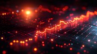 Digital network visualization with glowing orange and red particles flowing across interconnected grid lines, representing data transmission, technology infrastructure, and cyber connectivity for tech, innovation, and digital transformation concepts.