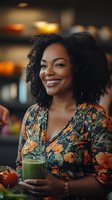 Happy African American woman enjoying healthy green smoothie in modern cafe setting with warm ambient lighting and social atmosphere.