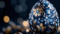 Decorative Easter egg with intricate floral folk art pattern in blue and gold against blurred bokeh background. Traditional holiday craft with delicate ornamental design.
