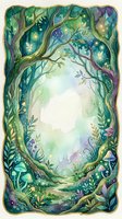 Watercolor enchanted forest frame with twisted tree branches, magical glowing lights, mushrooms and fairy tale foliage creating mystical oval border.