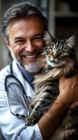 Smiling mature veterinarian with gray hair and beard holding a tabby Maine Coon cat. Healthcare professional with stethoscope in clinic setting.
