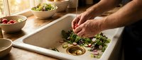 Male chef with dark skin tone preparing fresh salad ingredients on white cutting board in professional kitchen setting with vegetables and herbs.