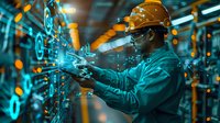 Industrial engineer in protective helmet using augmented reality interface for factory automation control, surrounded by futuristic digital displays and data visualization.
