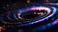 Magical spiral of glowing particles with blue and purple light trails against dark background, creating cosmic galaxy effect for space and astronomy designs.