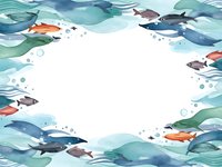 Watercolor ocean waves frame with colorful fish swimming in turquoise water creating border for marine themed designs and aquatic projects.