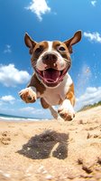 Energetic pit bull terrier jumping and playing on sandy beach with blue sky and clouds background, showing pure joy and happiness while running on summer day.