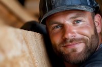 Smiling bearded carpenter in hard hat working with wood beam at construction site. Professional tradesman portrait for safety and craftsmanship projects.